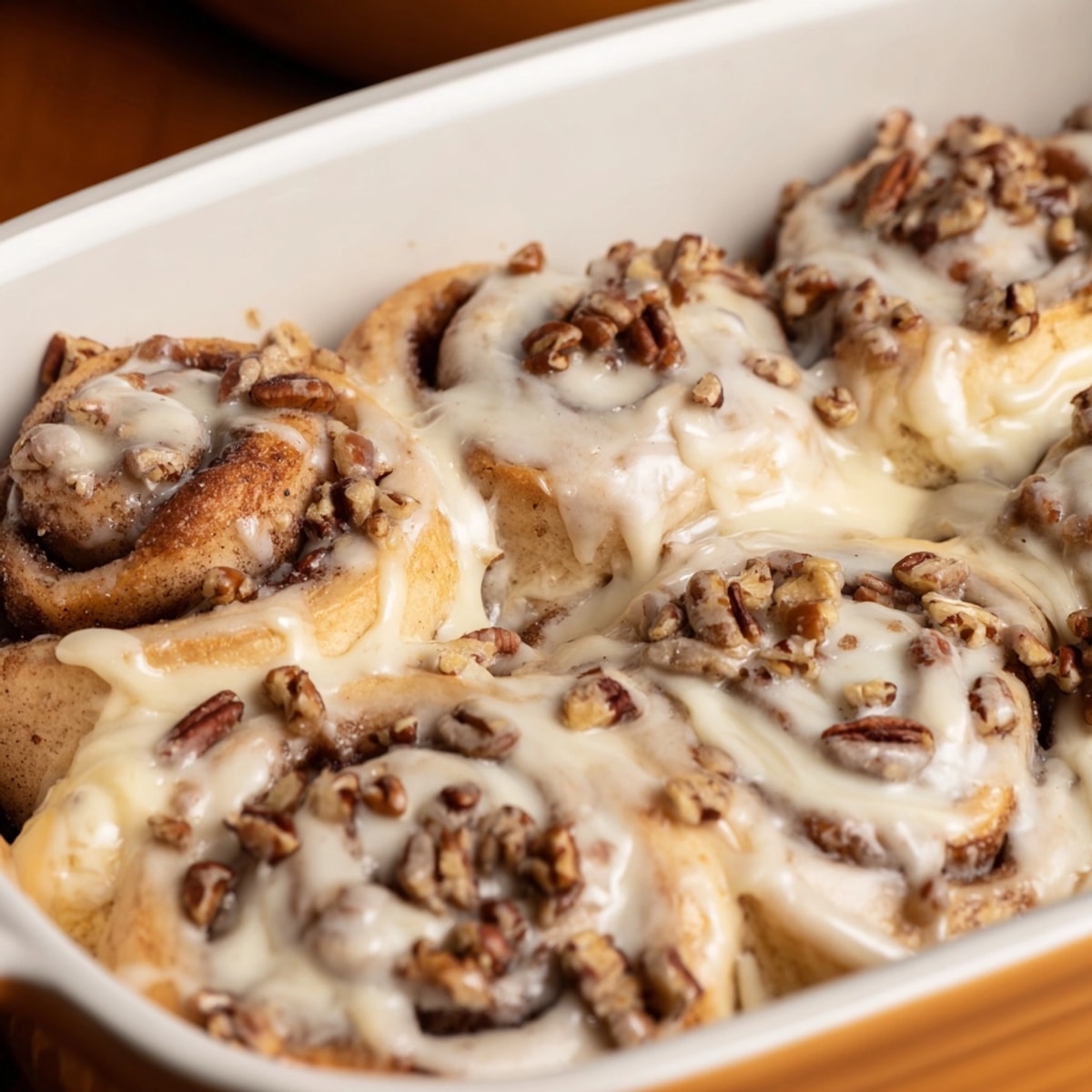 Golden Classic Cinnamon Roll Bake, drizzled with icing, a warm and comforting breakfast treat.