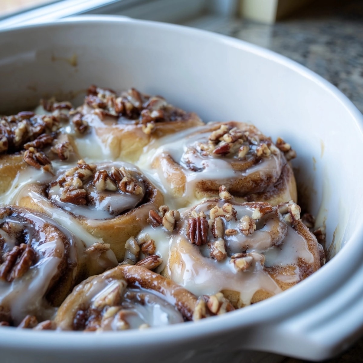 Buttery Classic Cinnamon Roll Bake, baked until puffy and topped with sweet, creamy glaze.