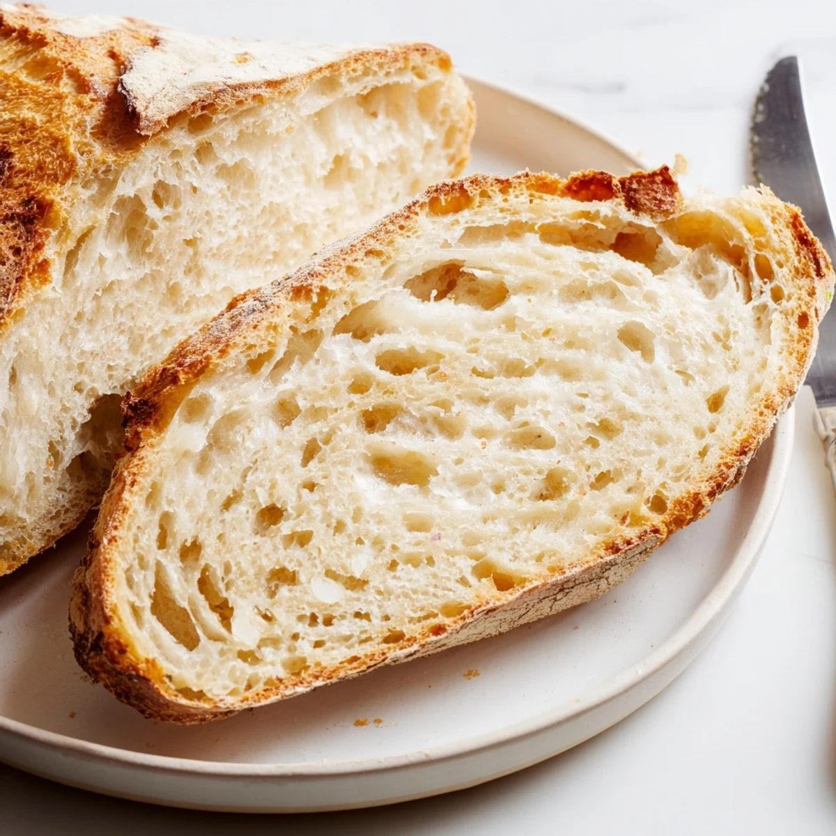 A golden-brown Easy No-Knead Rustic Bread loaf cooling on a wire rack.  