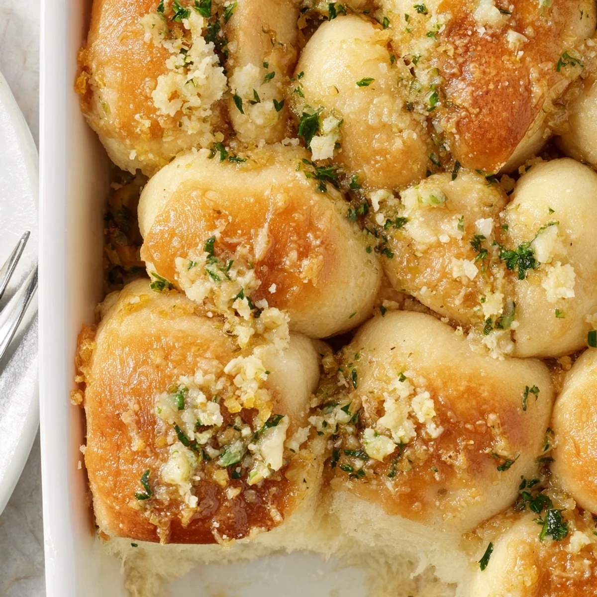 Soft Garlic Parmesan Pull-Apart Bread glistens with garlic butter and melted cheese.  