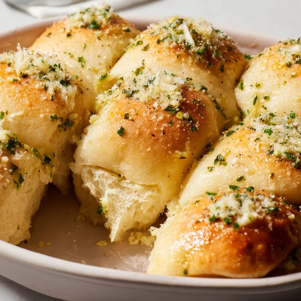 Golden, fluffy bread balls arranged in a dish, perfect for dipping and sharing.  
