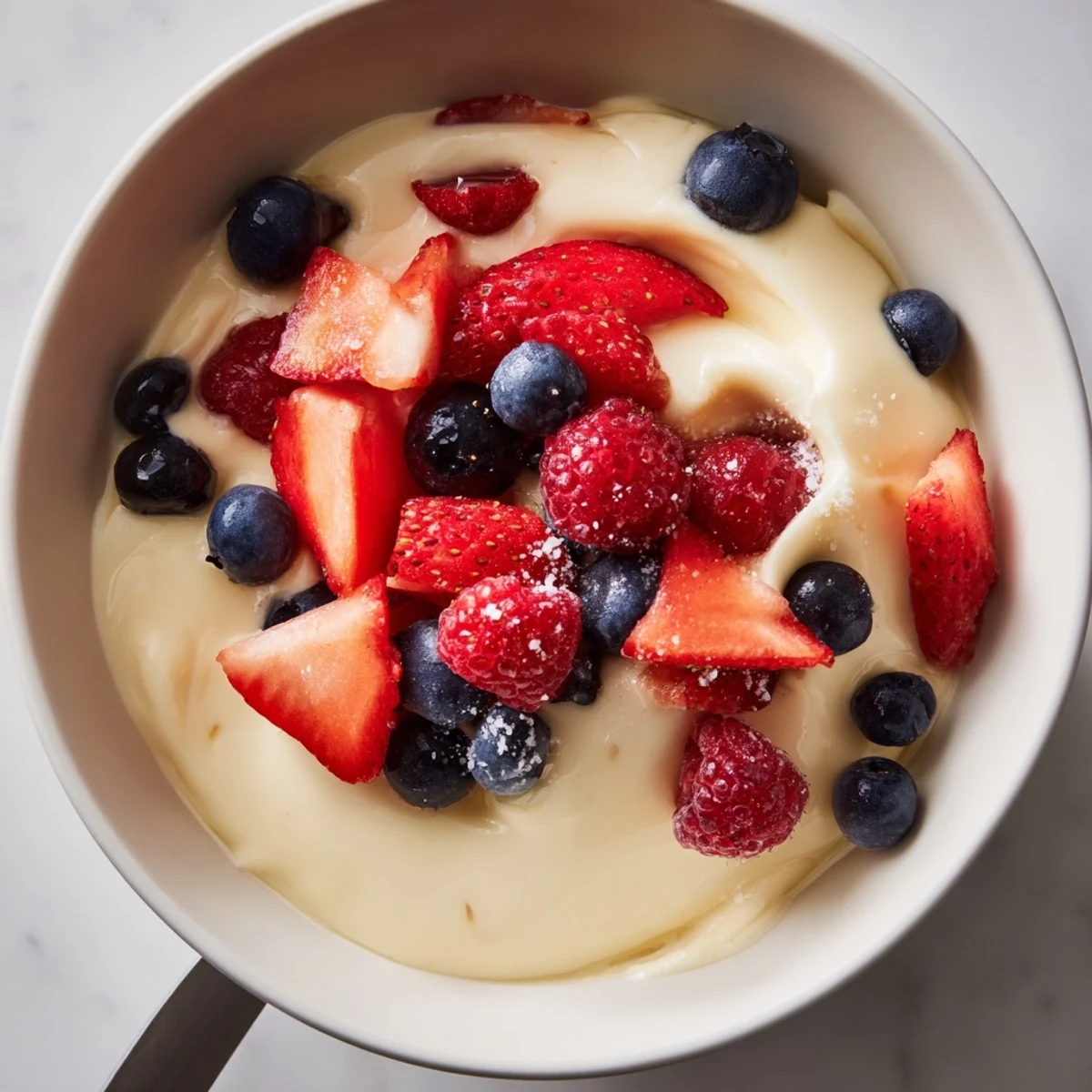 Creamy vanilla pudding topped with fresh berries offers a delightful dessert experience.  