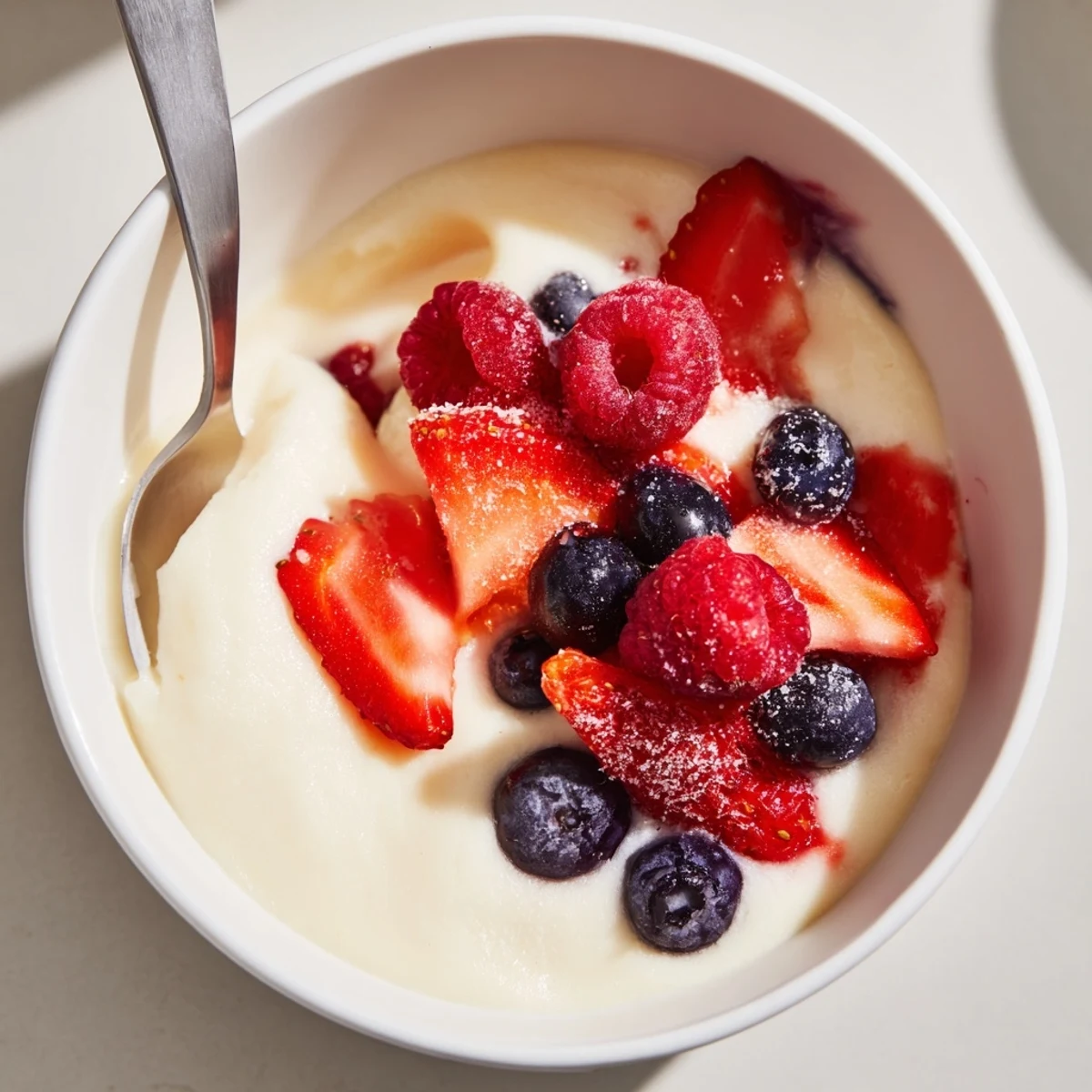 Indulgent creamy vanilla pudding paired with colorful fresh berries for a perfect finish.