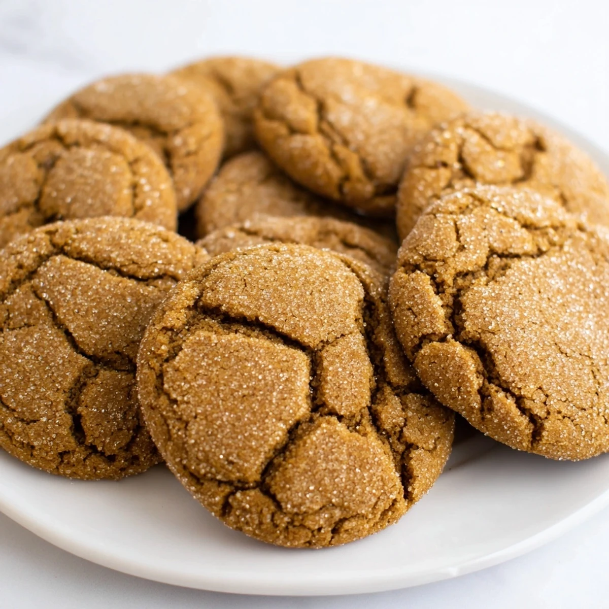Close-up of soft, chewy Molasses Ginger Cookies, perfect for holiday gatherings and cozy evenings.  