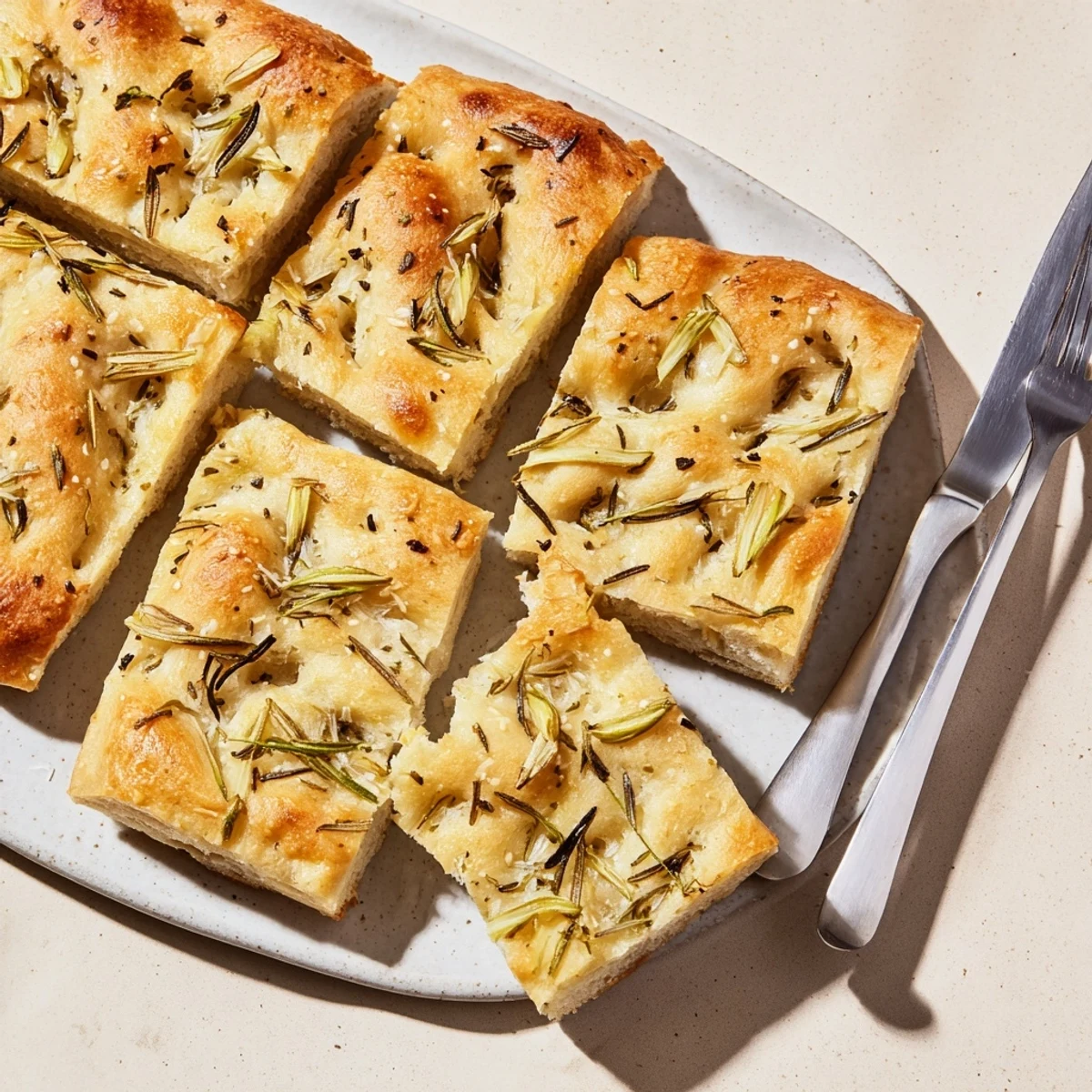 Golden-brown focaccia topped with mozzarella and thyme, perfect for sharing with friends.  