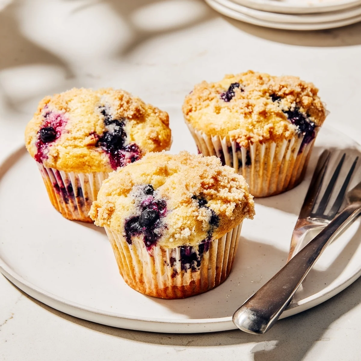 Moist homemade blueberry muffins with golden tops, perfect for breakfast or snack time.  