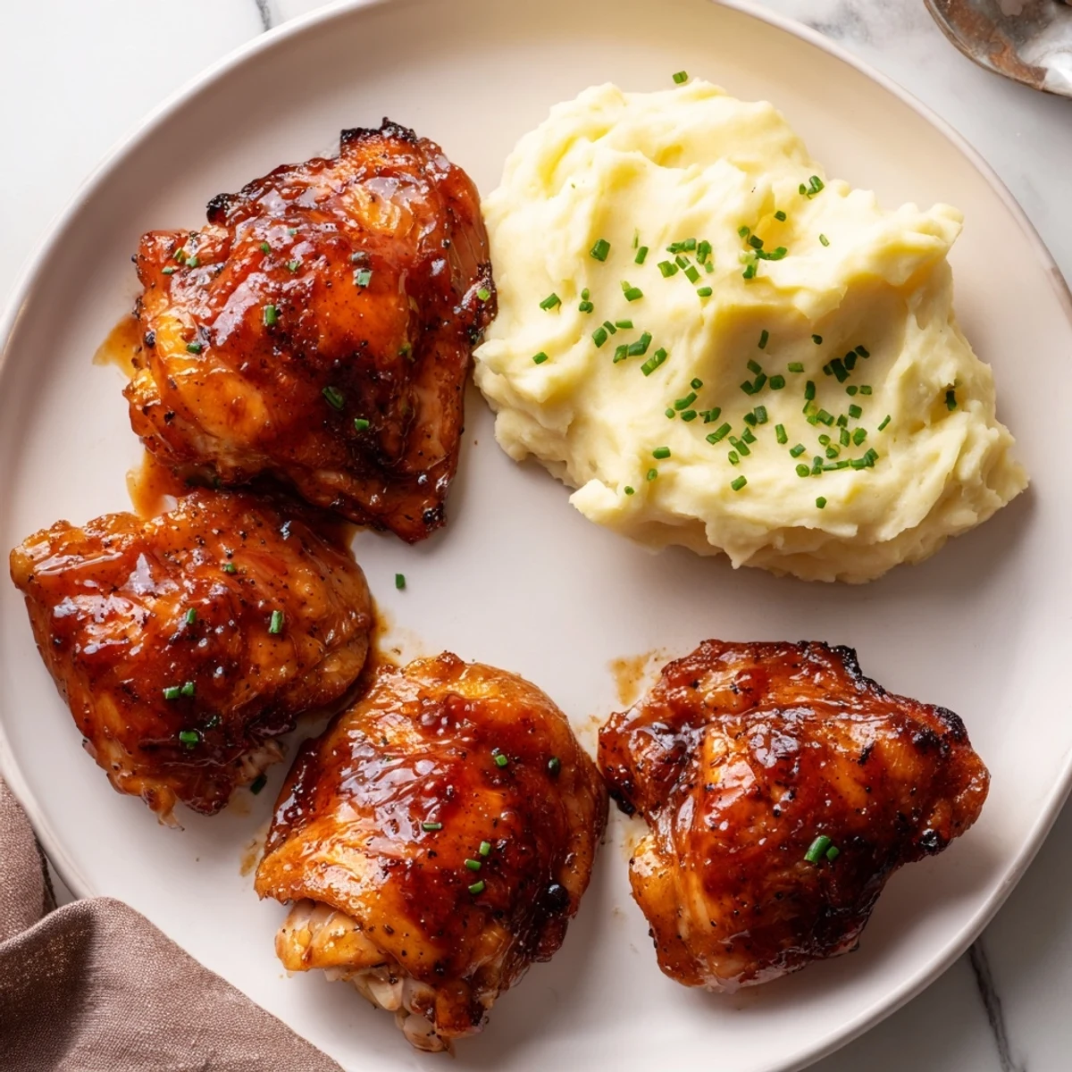 Tender honey BBQ chicken thighs with a caramelized glaze next to smooth garlic mashed potatoes.