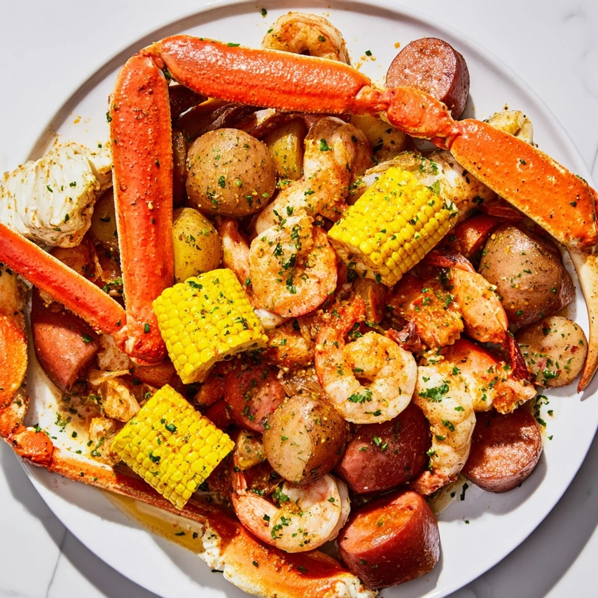 Steaming pot of flavorful seafood boil with crab, shrimp, sausage, and corn.