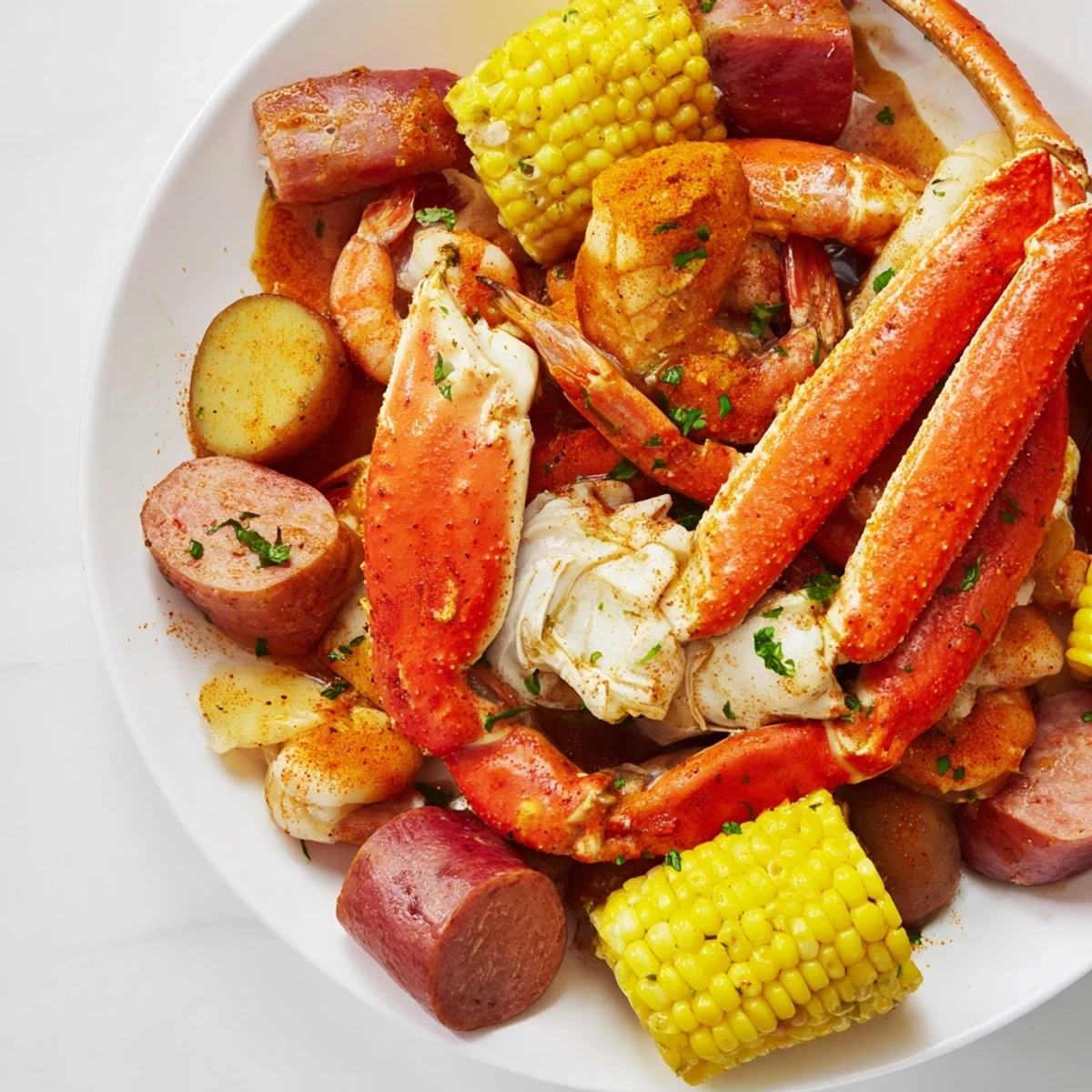 Serving a delicious seafood boil with crab, shrimp, and potatoes drizzled with butter.