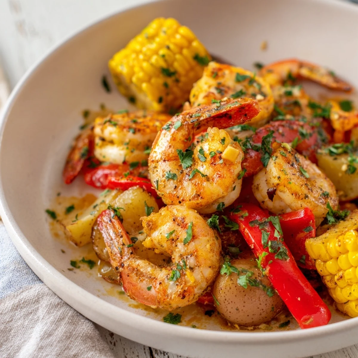 Golden-brown Cajun shrimp and sweet corn platter, a delicious summer feast with roasted potatoes.