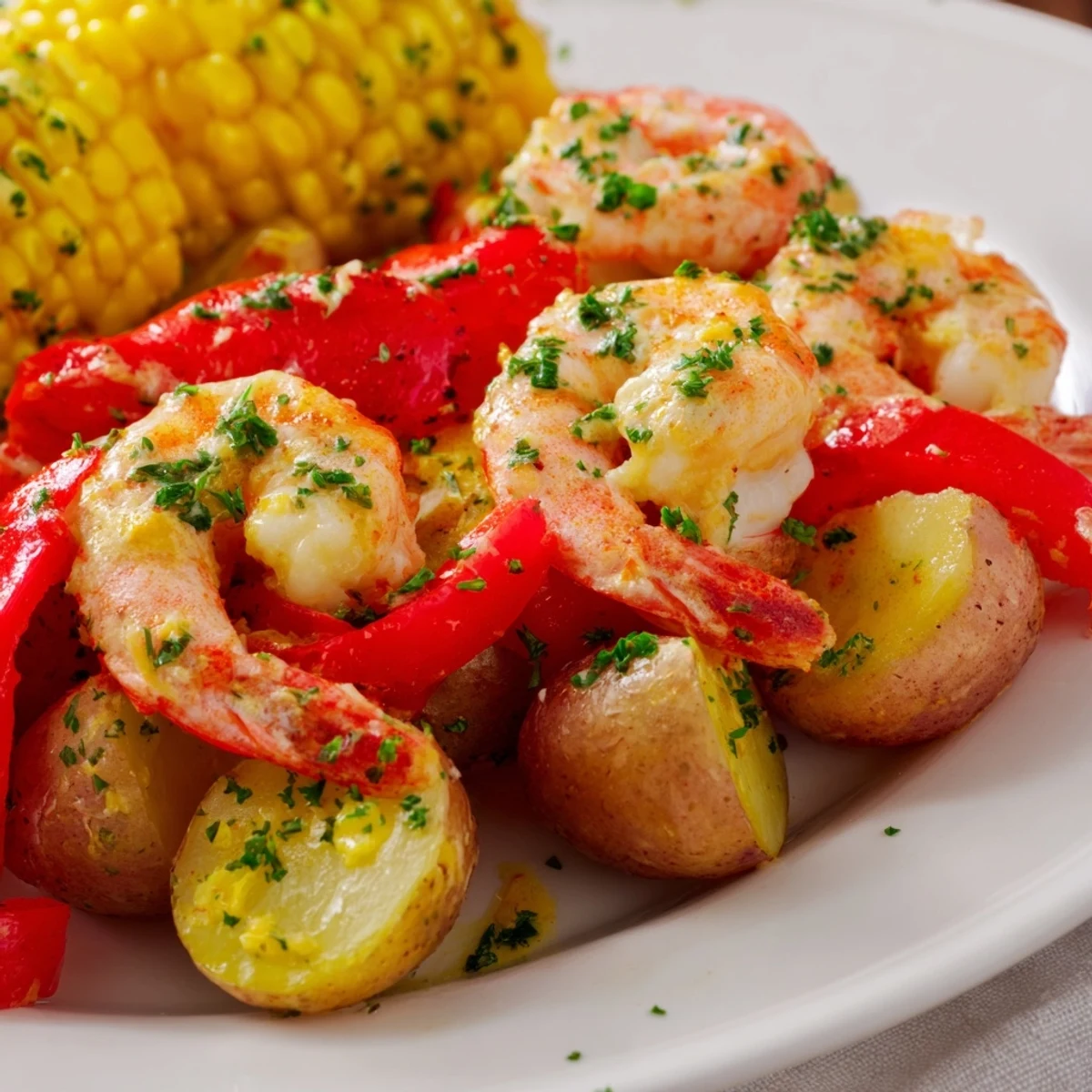 Spicy Cajun shrimp and sweet corn platter: a colorful image of a flavorful, easy-to-make dinner.