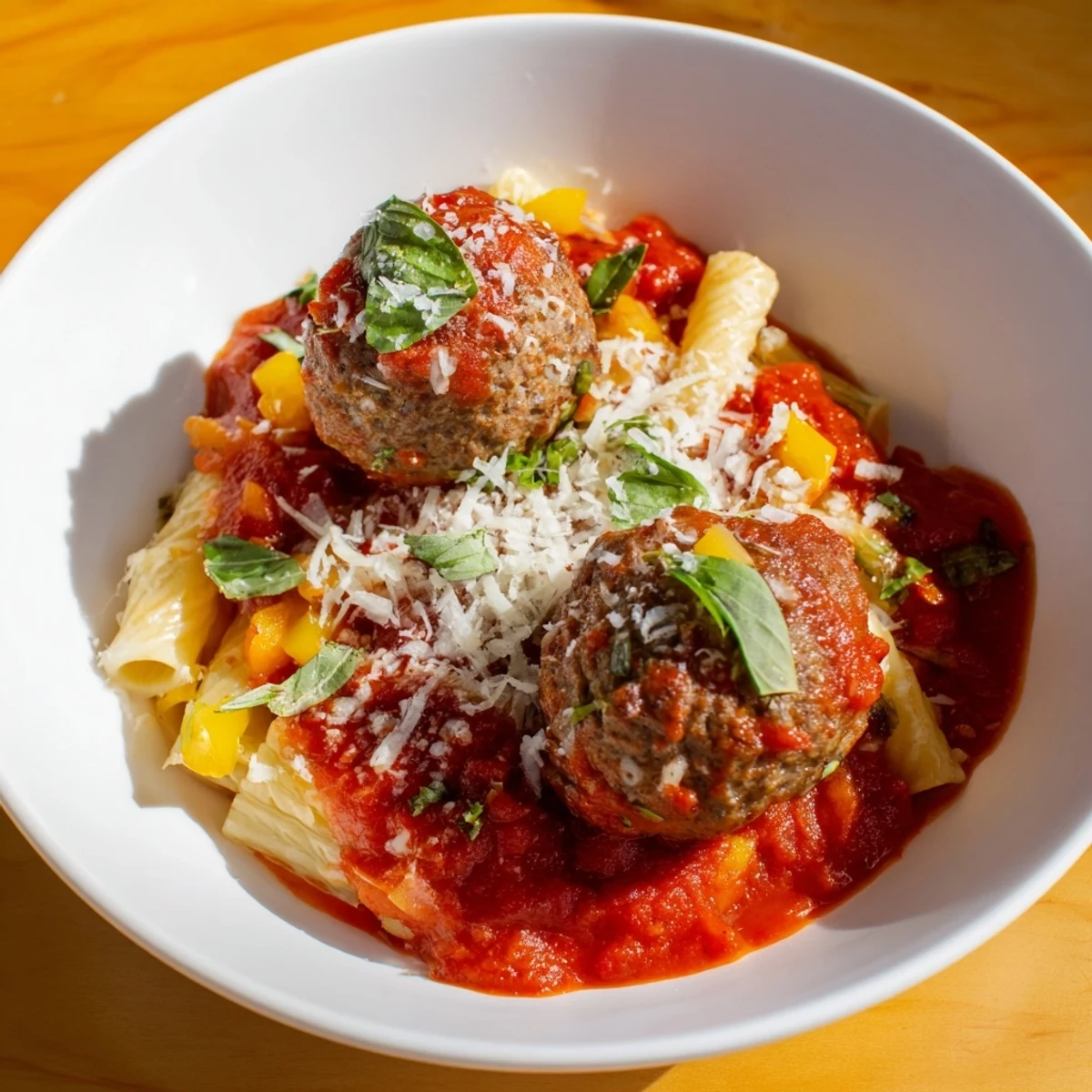 A steaming skillet of Italian Meatball Pasta features tender meatballs nestled with pasta and bubbling cheese.