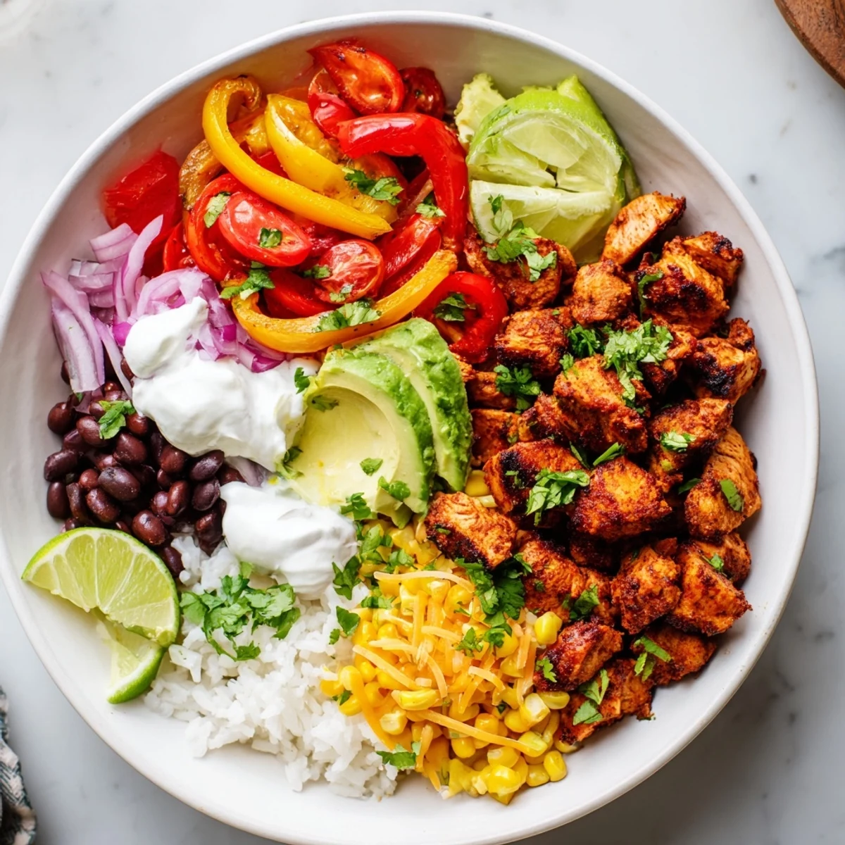 Sheet Pan Chicken Burrito Bowls offer a flavorful Tex-Mex dinner featuring sizzling chicken and roasted veggies.