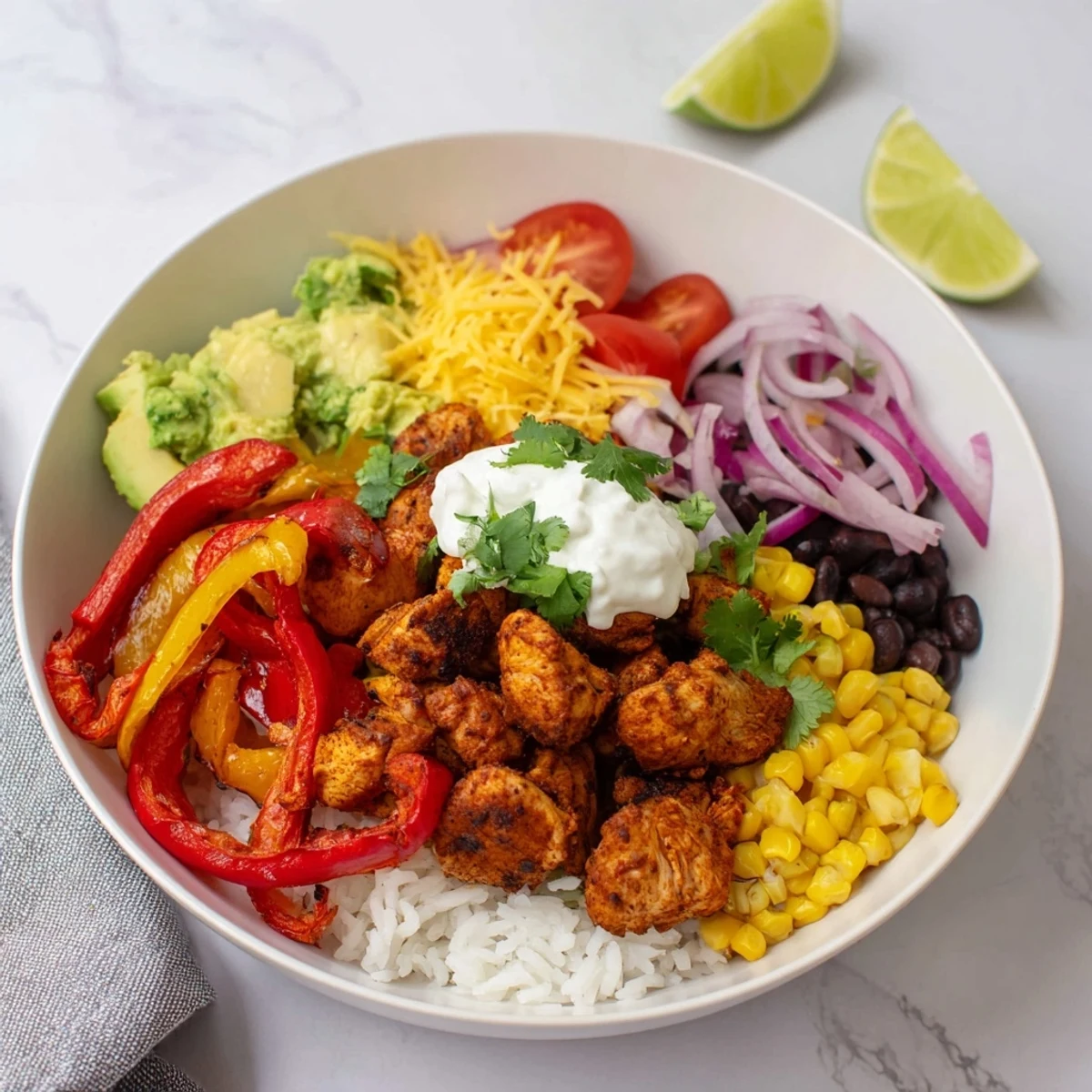 Enjoy a delicious visual feast of Sheet Pan Chicken Burrito Bowls, piled high with colorful toppings and served.