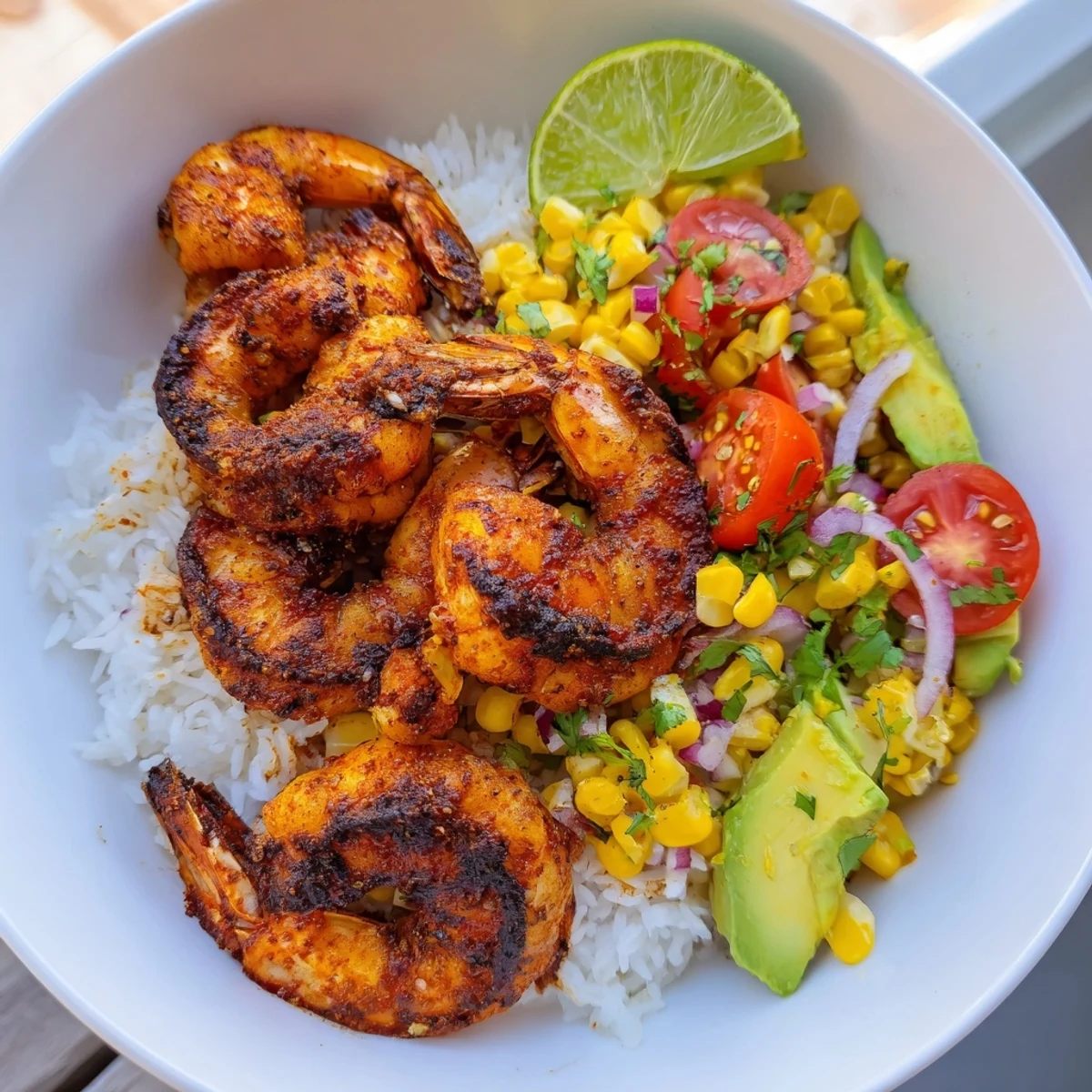 Sizzling blackened shrimp bowls with vibrant avocado salsa, served over fluffy rice, ready to enjoy.