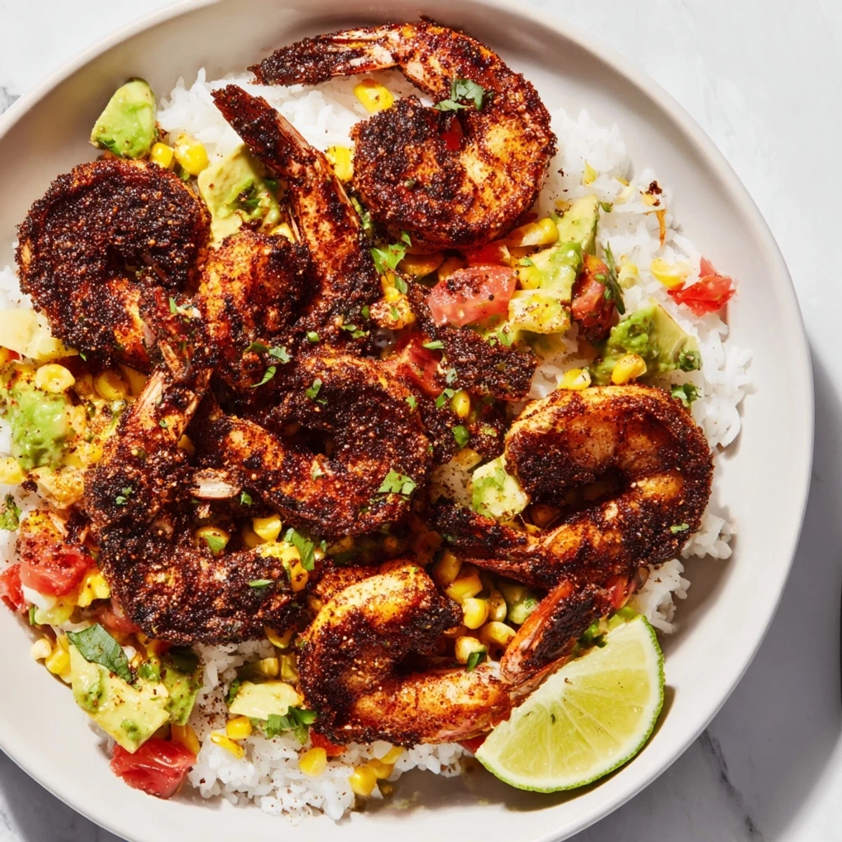 A close-up of a Blackened Shrimp Bowl showcases spicy shrimp and colorful avocado corn salsa.