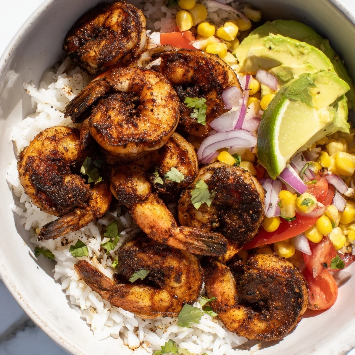 Delicious Blackened Shrimp Bowls with fresh flavors: seasoned shrimp, salsa, and lime, a satisfying meal.