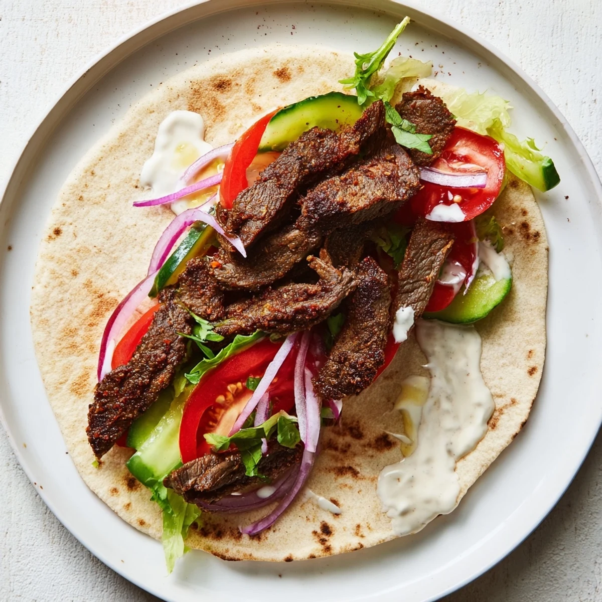 Golden-brown Beef Shawarma Wraps filled with spiced beef, fresh vegetables, and creamy yogurt sauce.