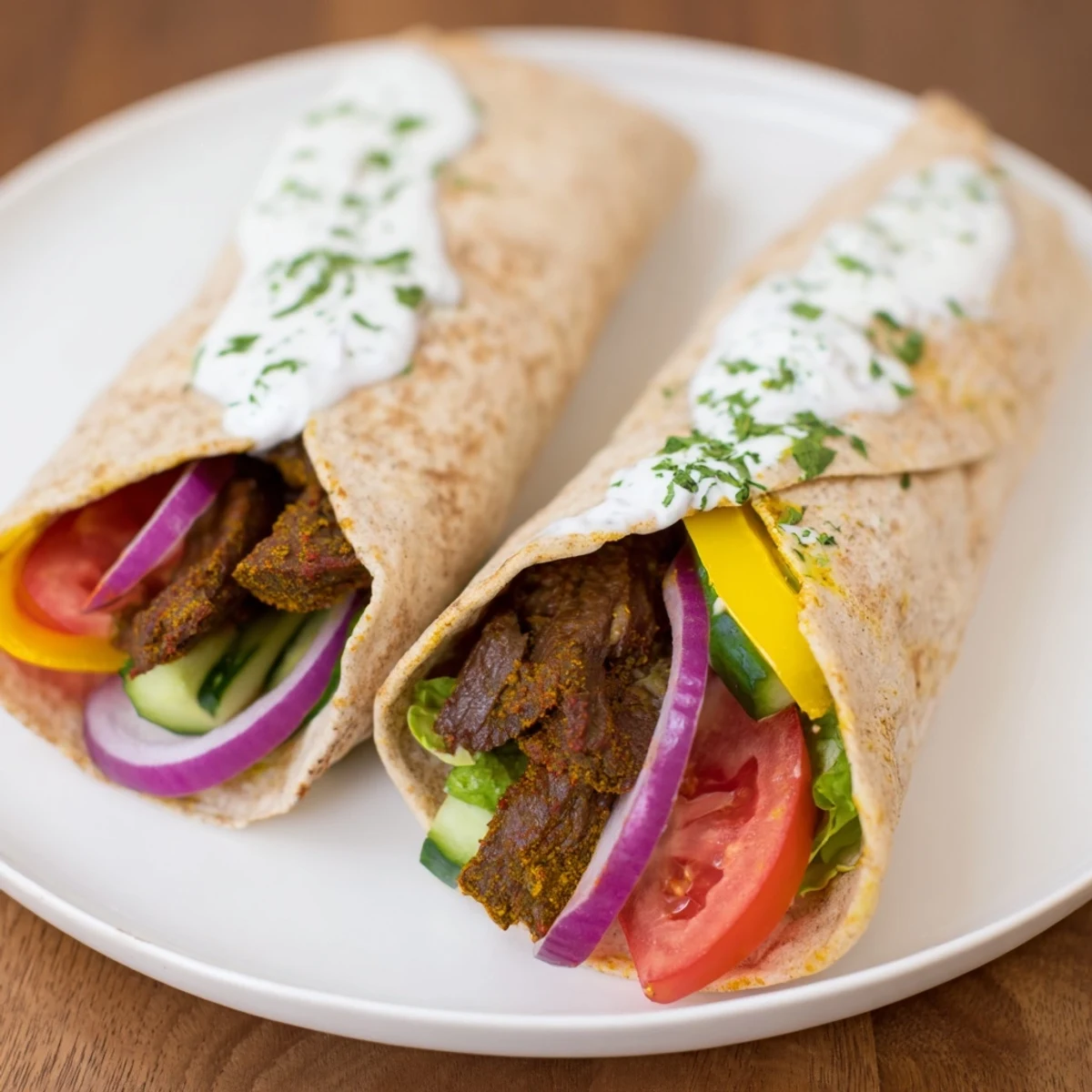 A close-up of a sizzling plate of delicious Beef Shawarma Wraps, overflowing with flavorful ingredients.