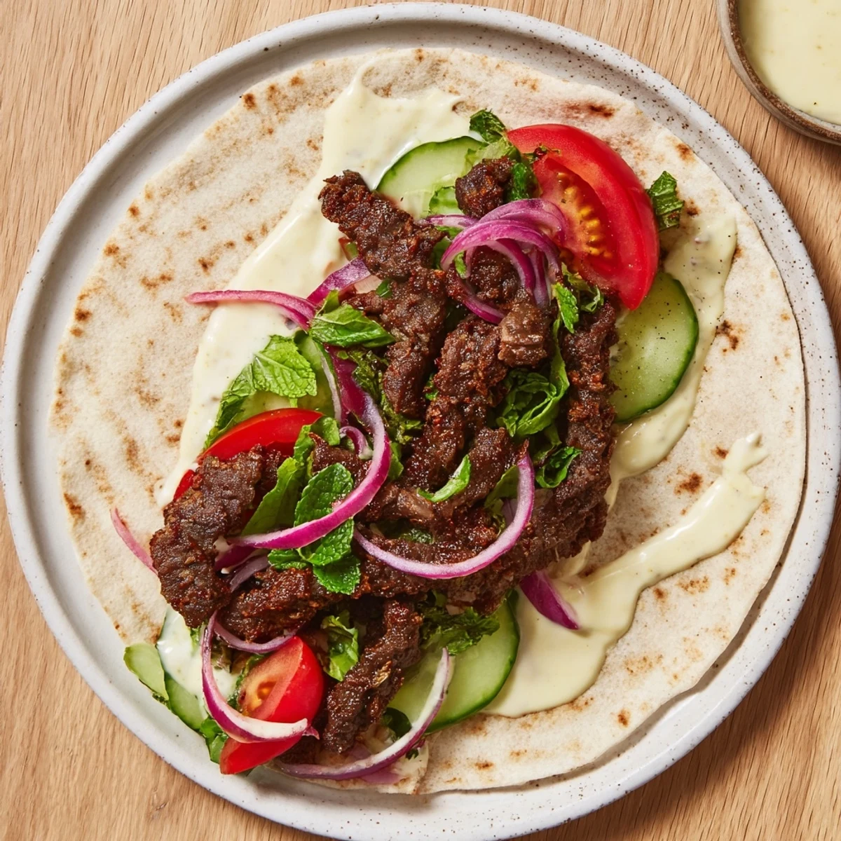 These flavorful Beef Shawarma Wraps feature tender beef and creamy sauce ready to enjoy for dinner.