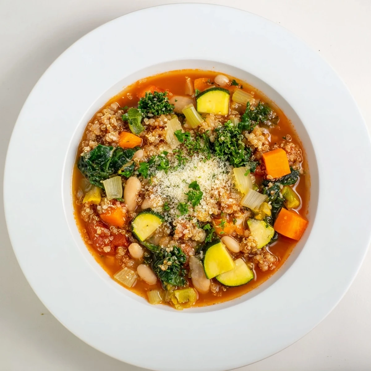 A hearty, colorful bowl of Minestrone with Quinoa, featuring vibrant vegetables and creamy beans.