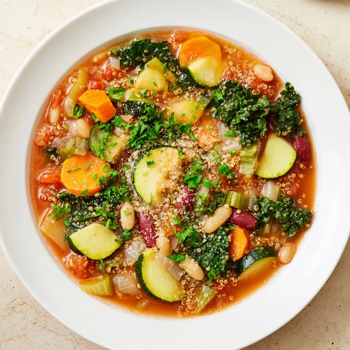 Steaming bowl of Minestrone with Quinoa, garnished with parsley and inviting aromas filling the air.