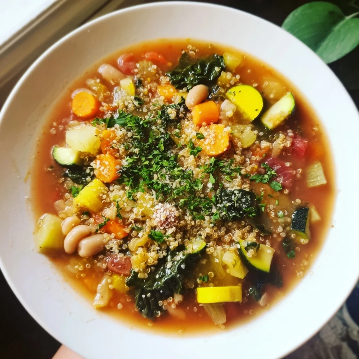 Close-up image of a flavorful vegetarian Minestrone with Quinoa, perfect for a warming winter meal.