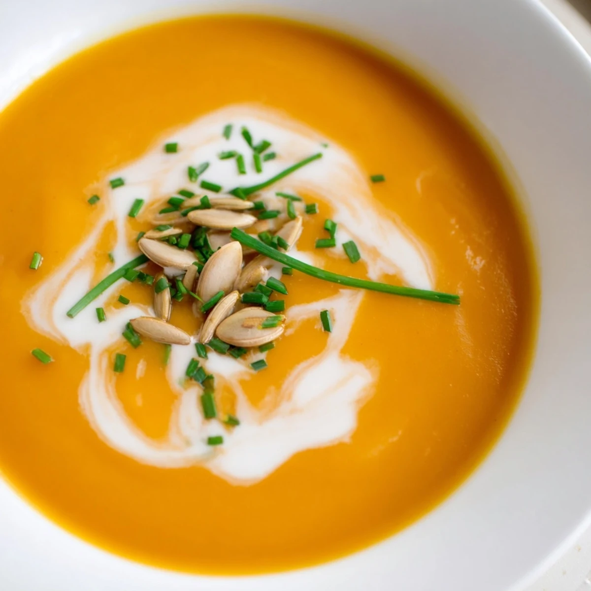 A fragrant bowl of butternut squash and pear soup, a comforting vegetarian meal ideal for fall.
