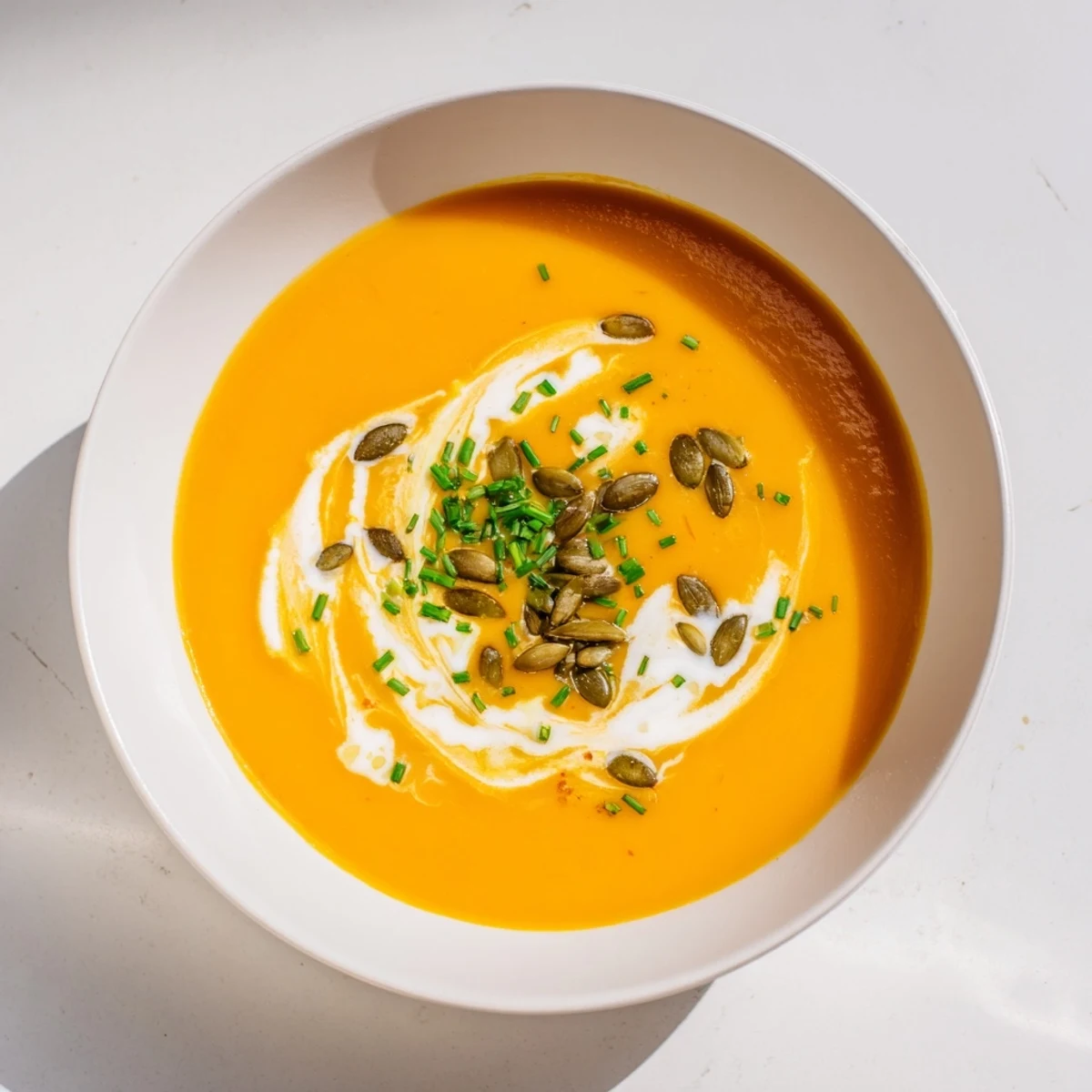 Creamy butternut squash and pear soup, vibrant orange, garnished with fresh herbs and seeds.