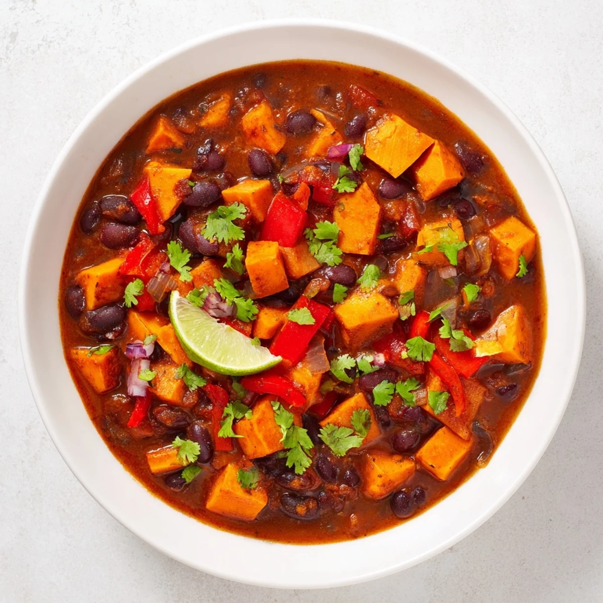 Steaming bowl of Sweet Potato & Black Bean Chili, garnished with cilantro and ready to serve.