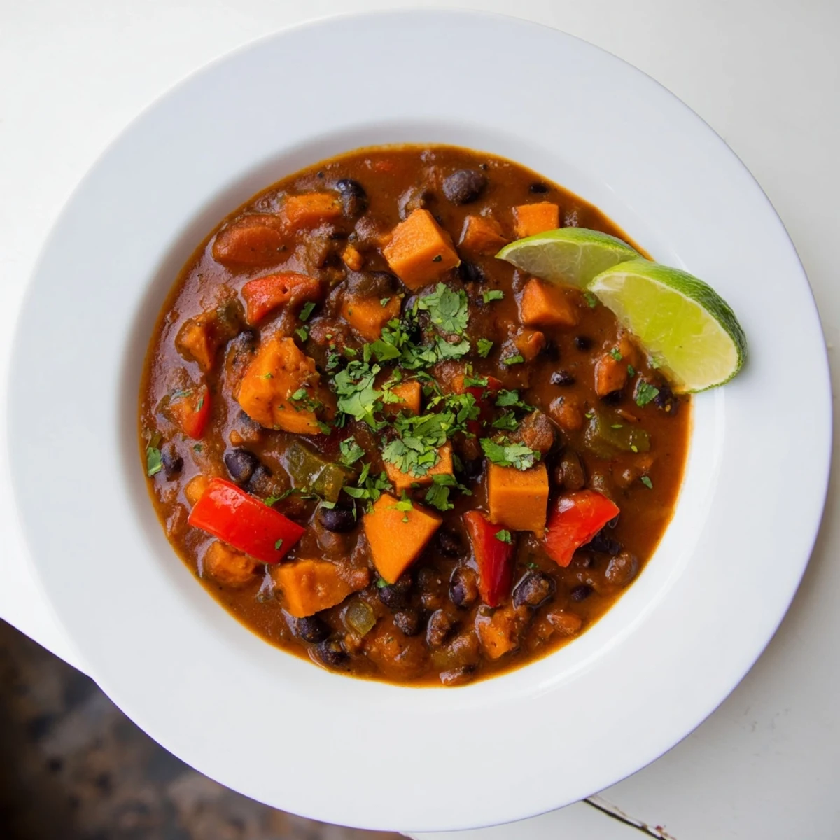 A close-up of the flavorful Sweet Potato & Black Bean Chili simmering in a pot with vibrant spices.