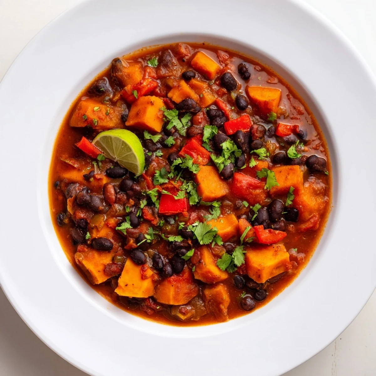 Hearty and comforting Sweet Potato & Black Bean Chili, perfect over rice with a squeeze of lime.
