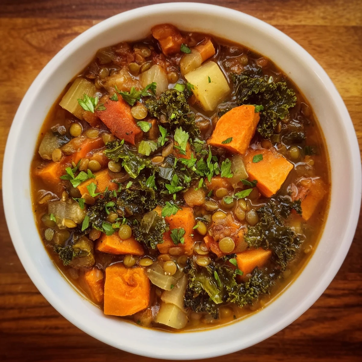 Winter Vegetable & Lentil Soup boasting vibrant colors and hearty vegetables, ready to serve!