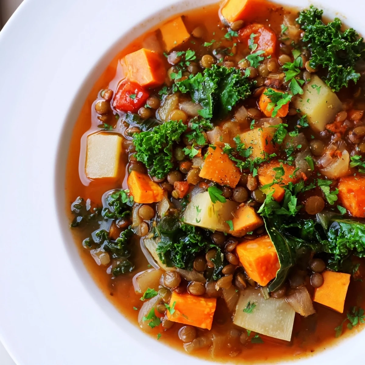 Steaming Winter Vegetable & Lentil Soup with a rich, savory broth and tender lentils calls for crusty bread.