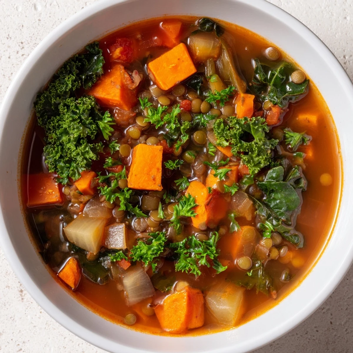 A comforting bowl of freshly made Winter Vegetable & Lentil Soup, full of warming spices and delicious flavors.