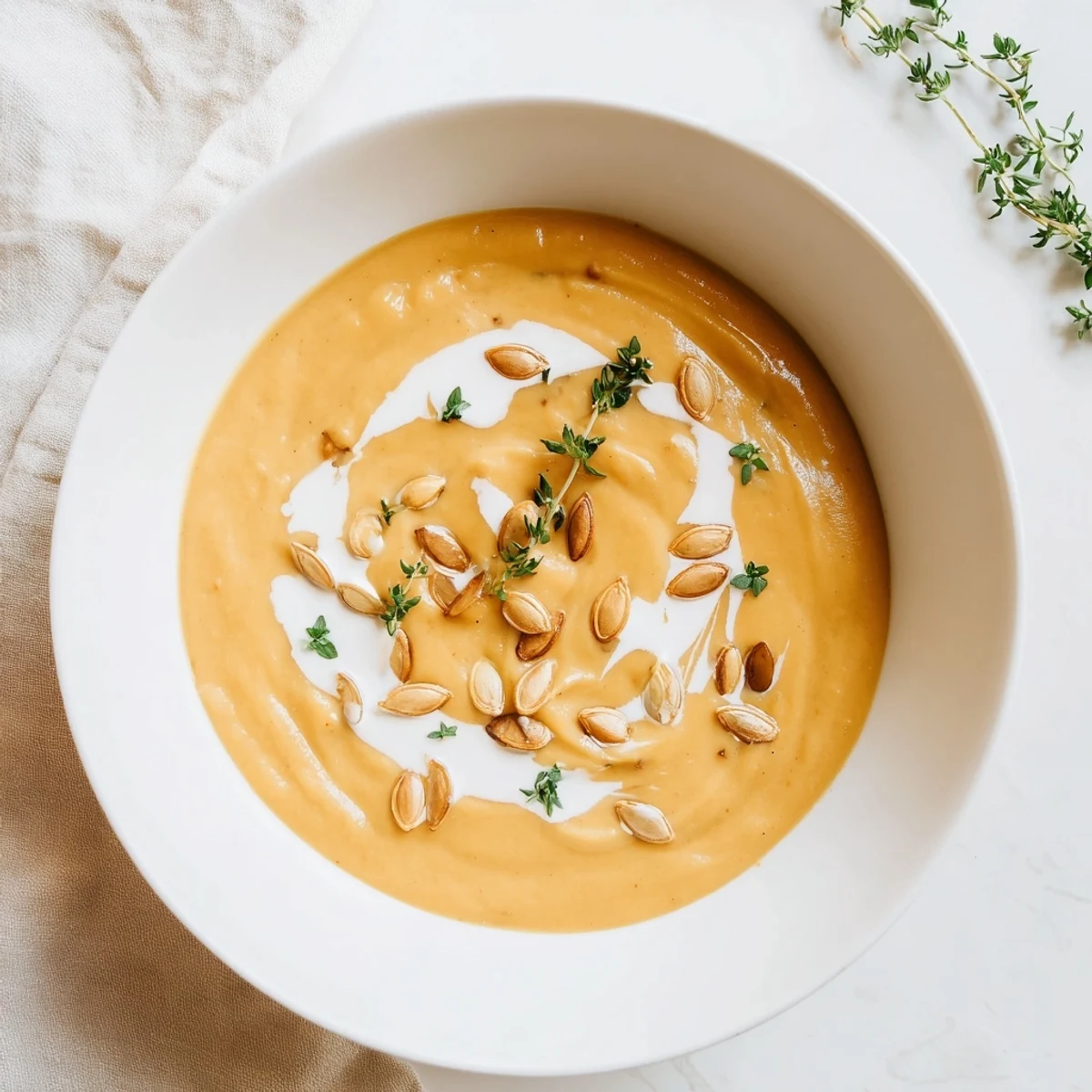 Creamy roasted acorn squash soup, a velvety, smooth soup garnished with fresh thyme leaves.