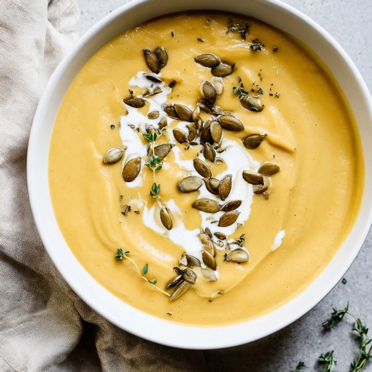 Golden-hued creamy roasted acorn squash soup garnished with a swirl of cream and pepitas.