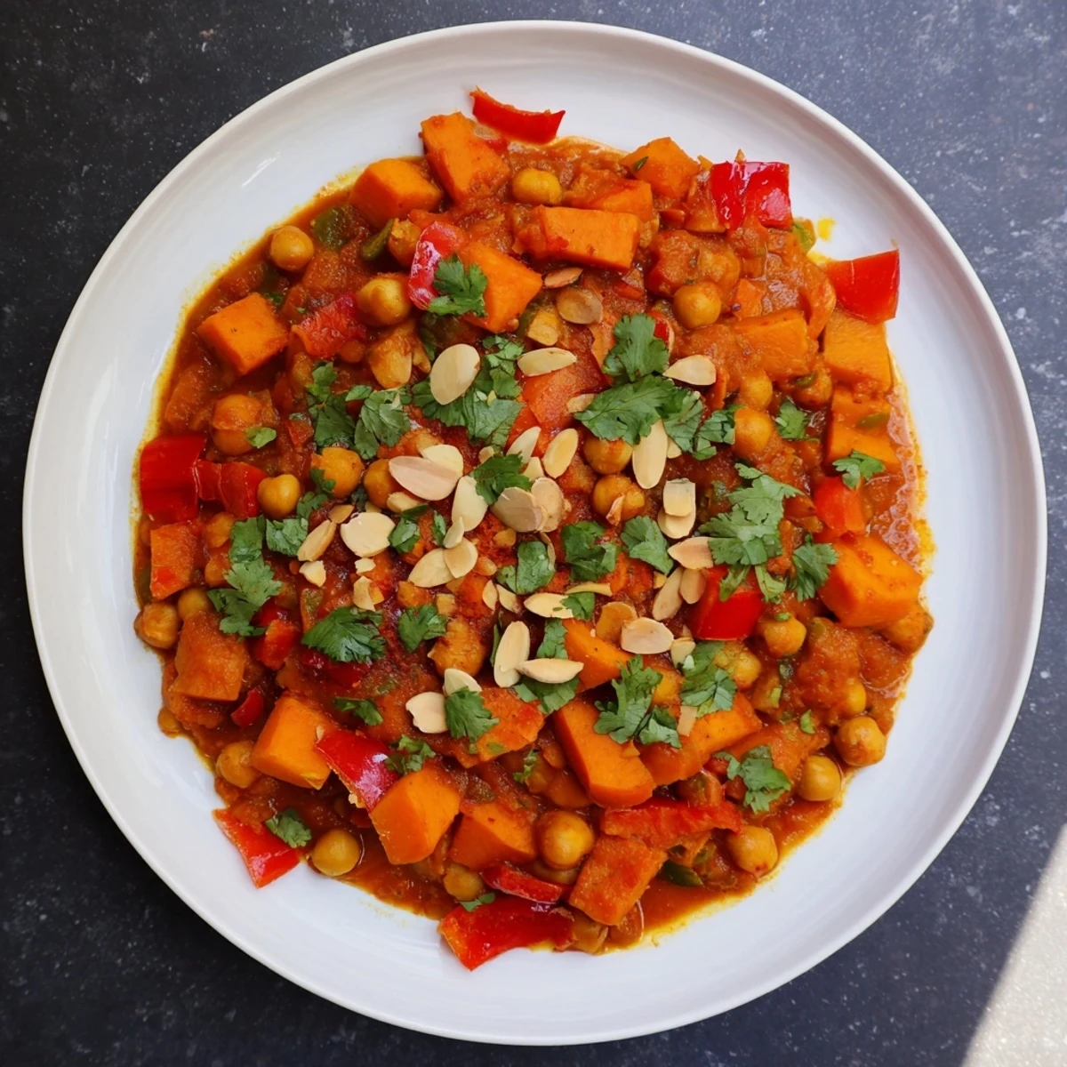 Close-up of a steaming bowl of Moroccan Chickpea & Sweet Potato Tagine, ready for serving with garnishes.