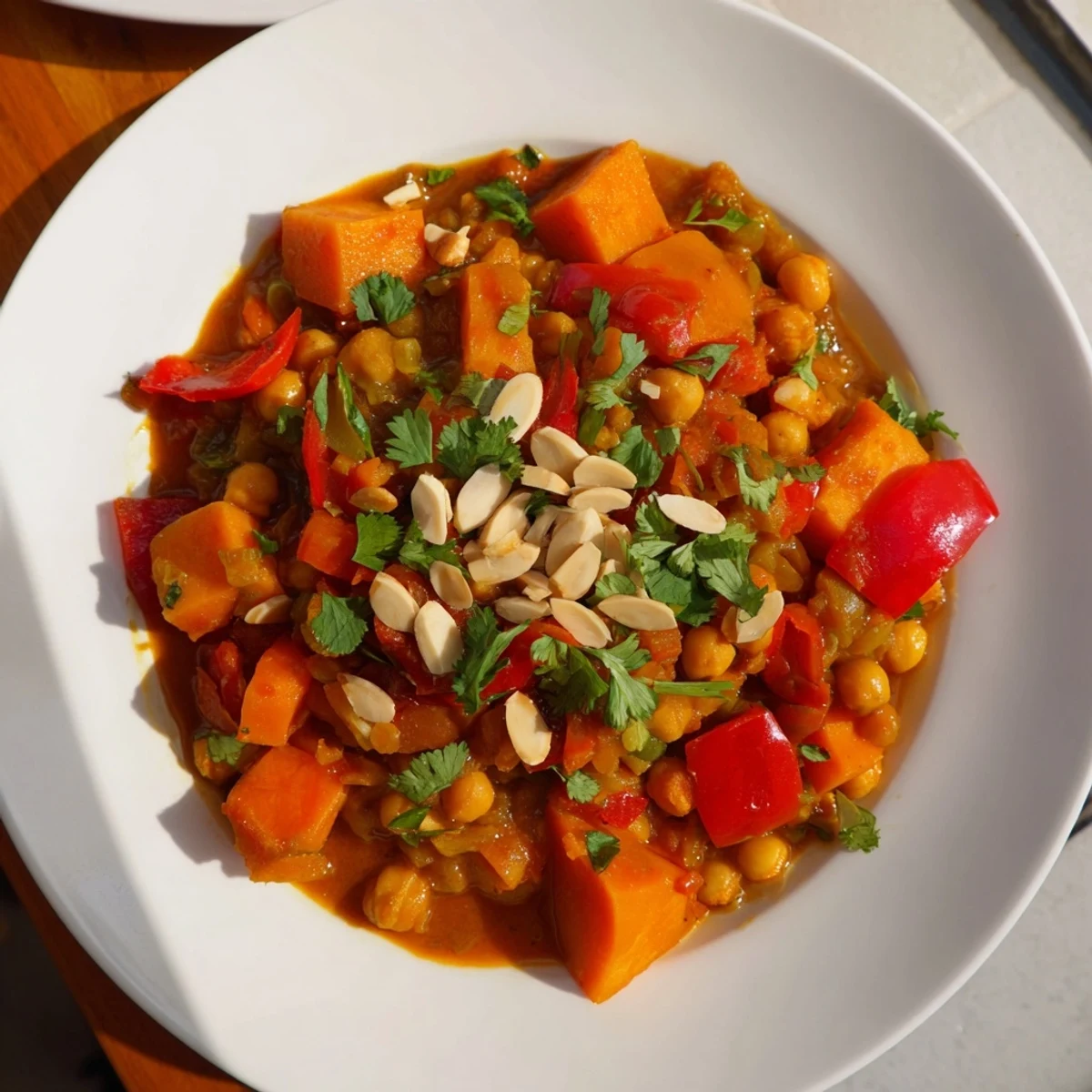 Hearty Moroccan Chickpea and Sweet Potato Tagine, a flavorful vegan entree with complex, warming flavors.
