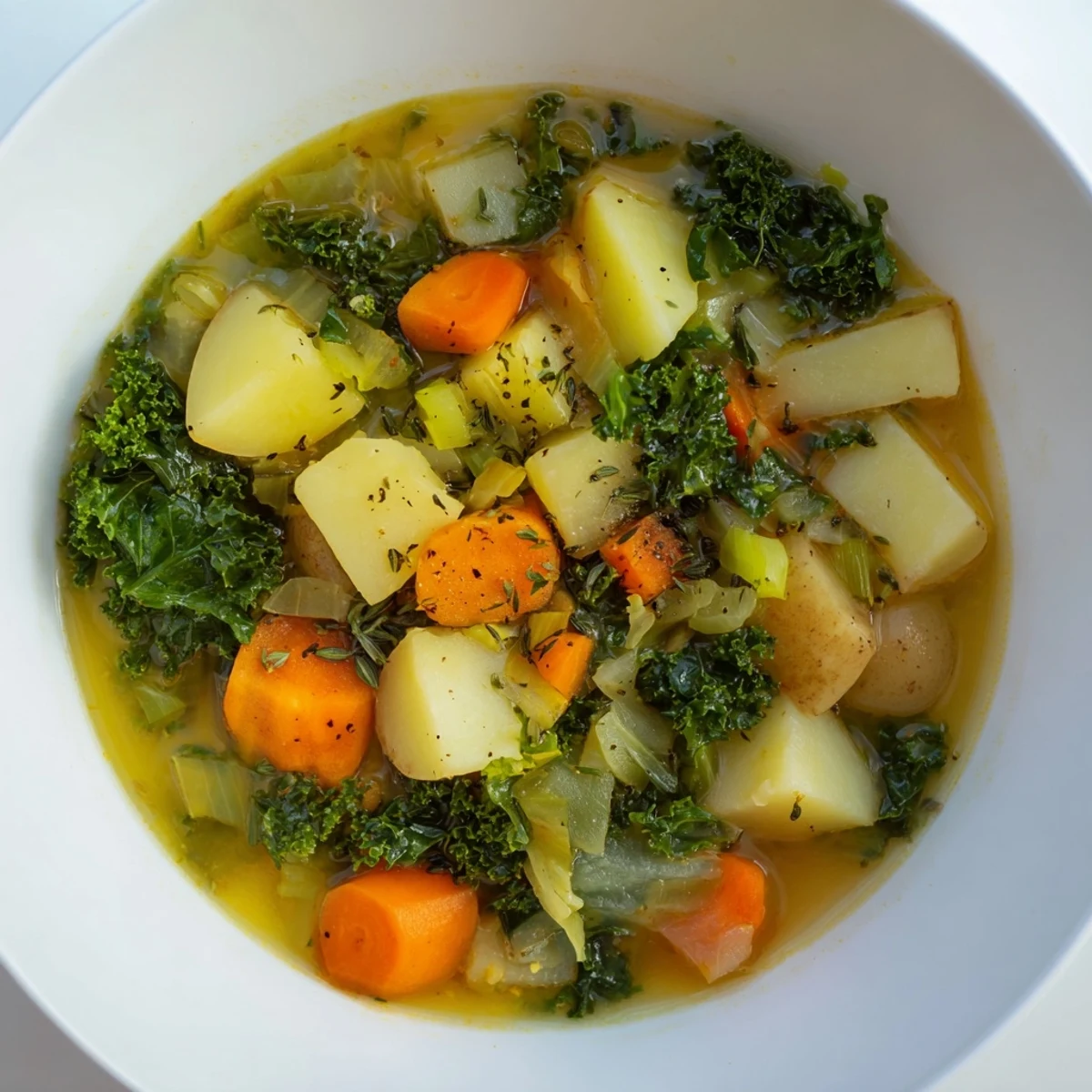 Steaming bowl of Vegetarian Potato-Kale Soup, with vibrant green kale and tender potatoes, ready to eat.