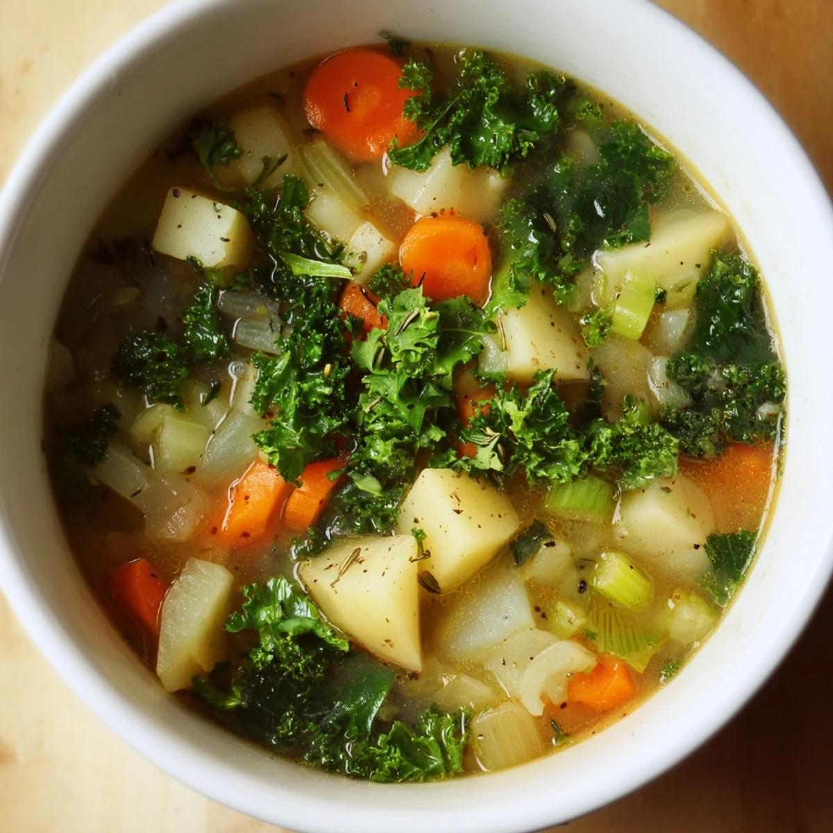 Hearty Vegetarian Potato-Kale Soup brimming with vegetables, ideal for a gluten-free and vegetarian dinner.