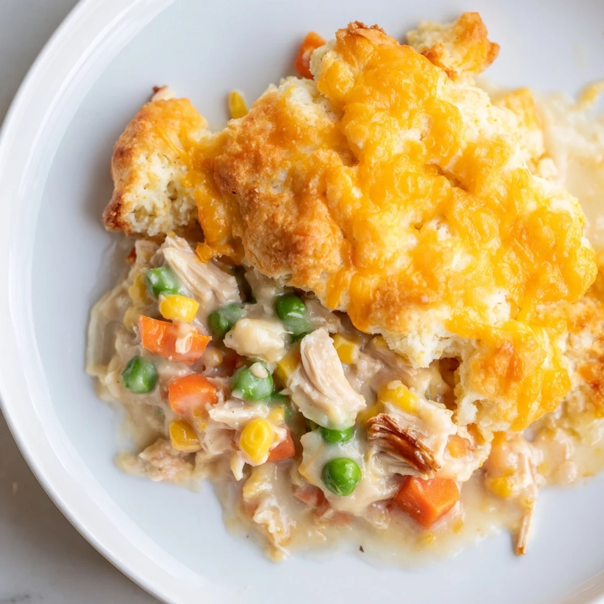 Hearty One-Pan Chicken Cobbler with a cheesy biscuit crust: a delicious, easy American comfort food dish.