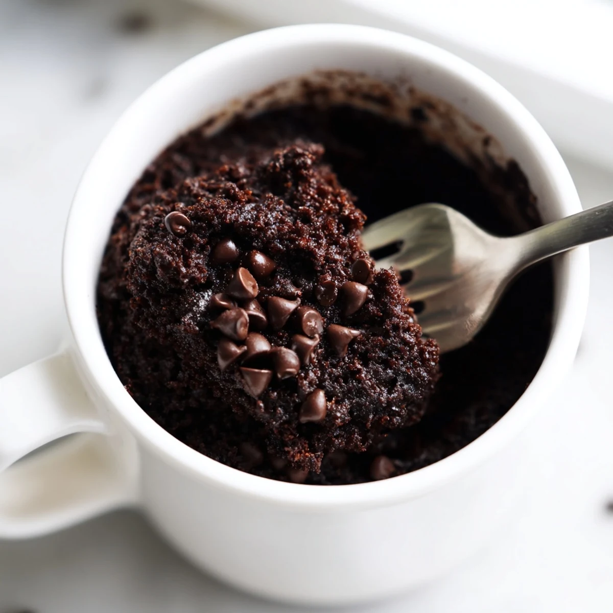 A decadent chocolate microwaved mug cake, perfectly cooked and served in its mug, ready to eat.