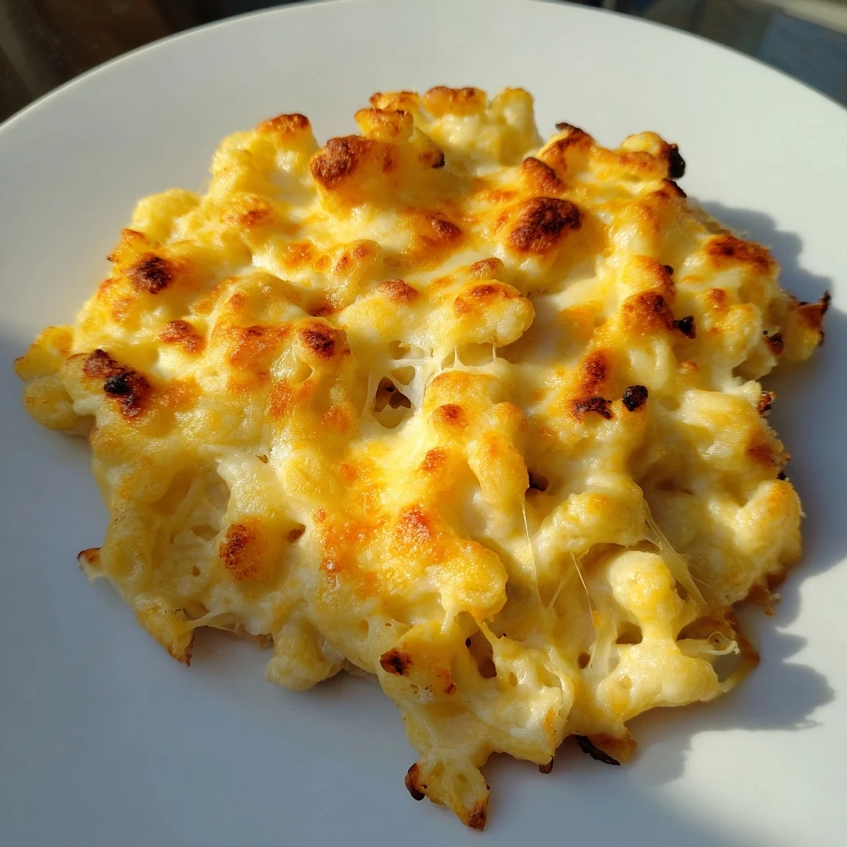 A delicious close-up of creamy Mac & Cheese with Evaporated Milk, topped with melted cheese.