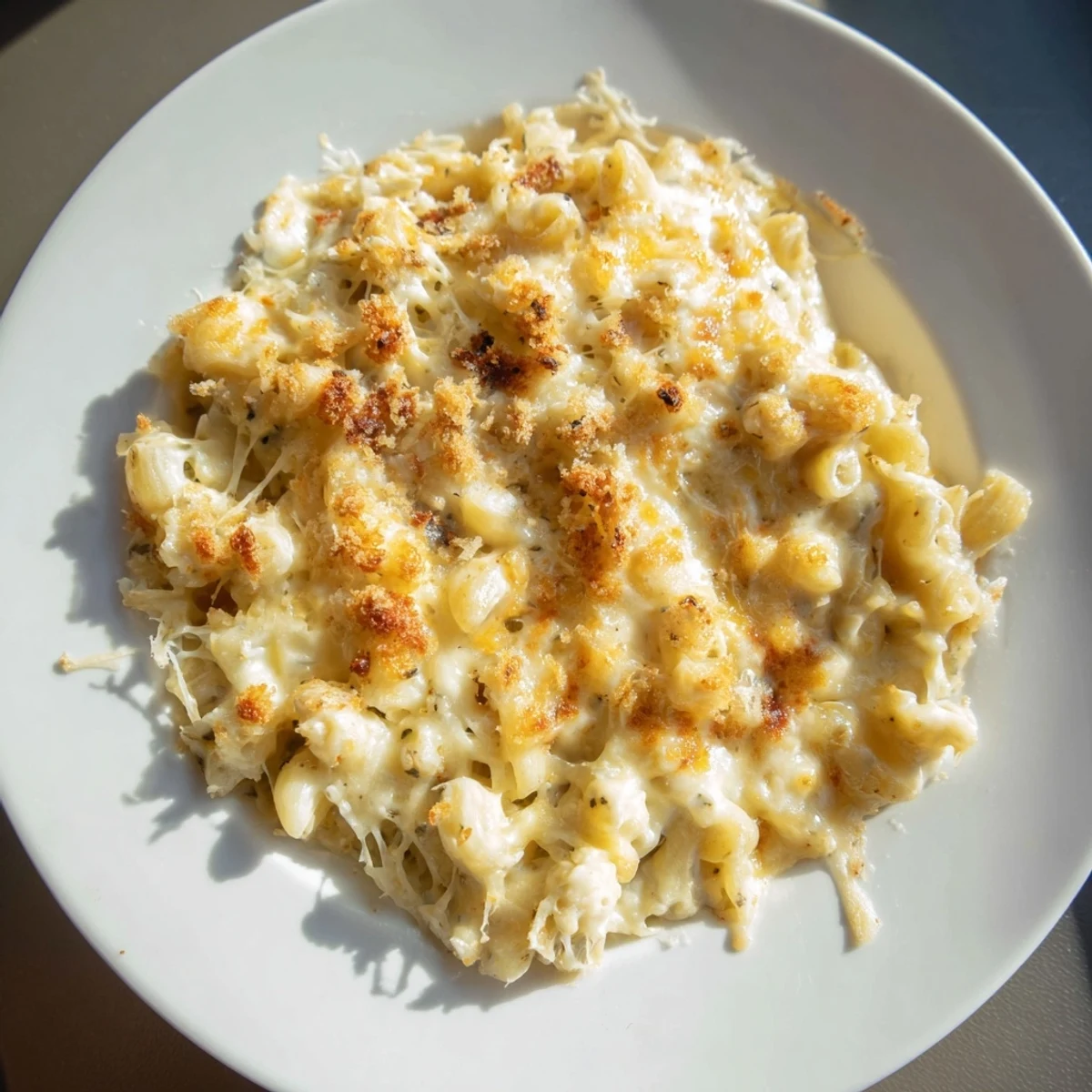 Golden, bubbly Mac & Cheese with Evaporated Milk, offering creamy cheese pulls, ready to eat!