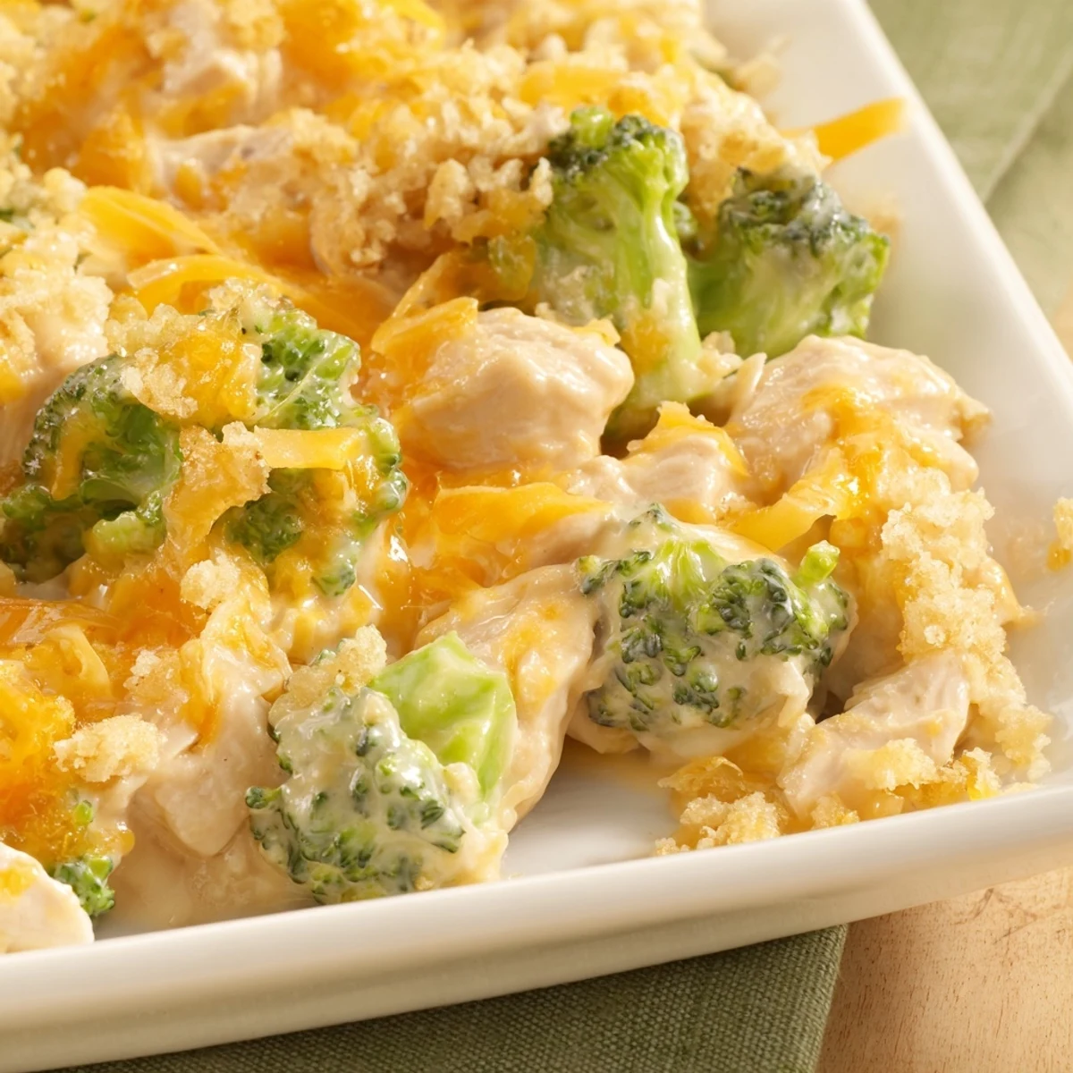 Creamy, golden Chicken & Broccoli Cheddar Bake, baked until bubbly, perfect alongside a salad.