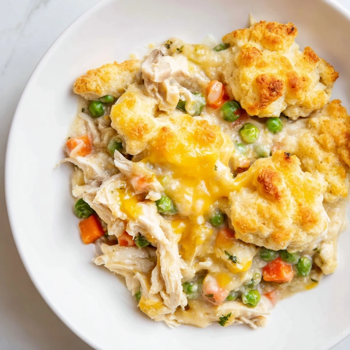 Fluffy cheddar biscuits topping the creamy chicken and vegetable filling of this One-Pan Chicken Cobbler.