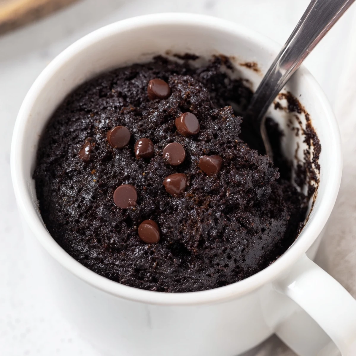 Warm, fluffy microwaved mug cake, topped with a scoop of vanilla ice cream, ready to enjoy.