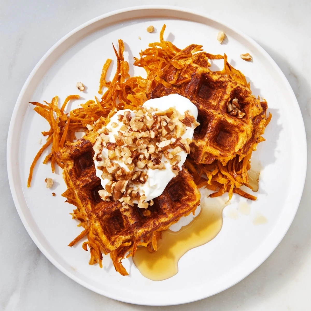 A stack of fluffy Sweet Potato Waffle Hacks, showcasing the warm, sweet flavors of breakfast.