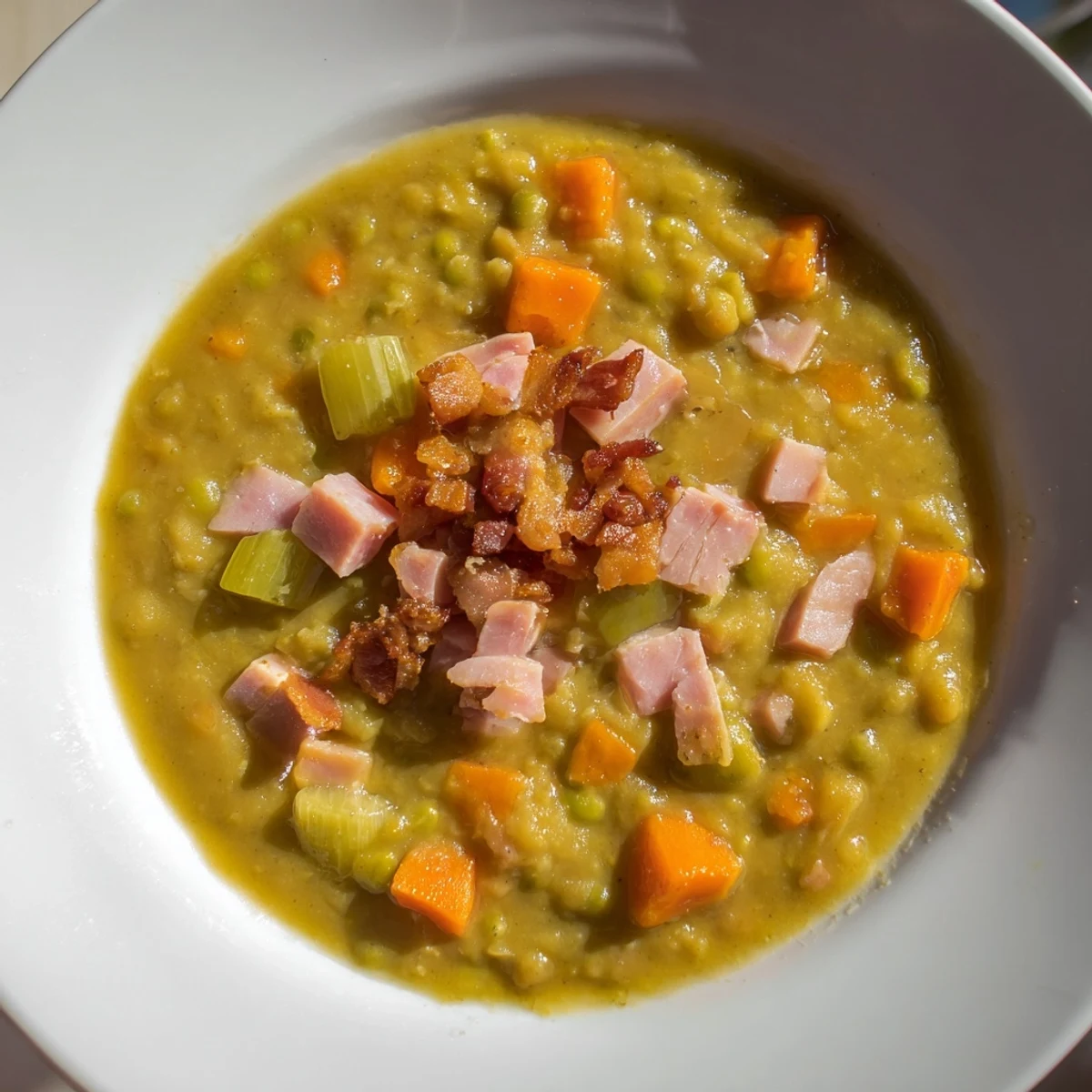 Hearty Split Pea Soup with canned ham: a comforting view of flavorful broth and visible vegetables.
